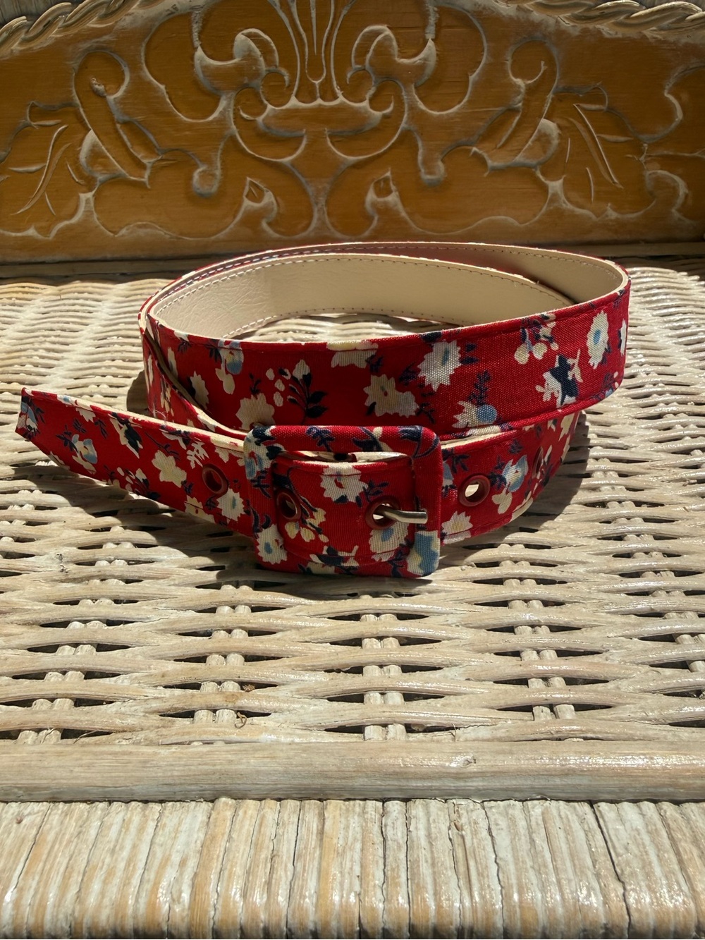 Vintage Astor Germany Red Floral Fabric Belt Square Buckle Size 36in | Like new!